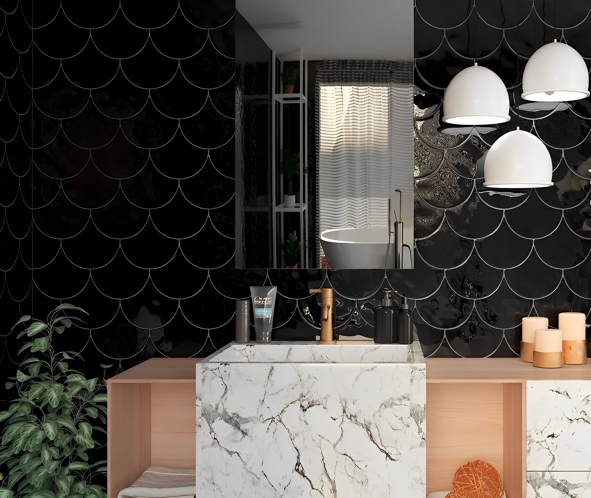 Carrelage ecaille de poisson Fisho noir Brillant 15x17 cm